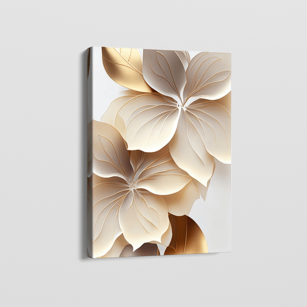 Gold and ivory floral canvas wall art, layered petals in soft neutral tones