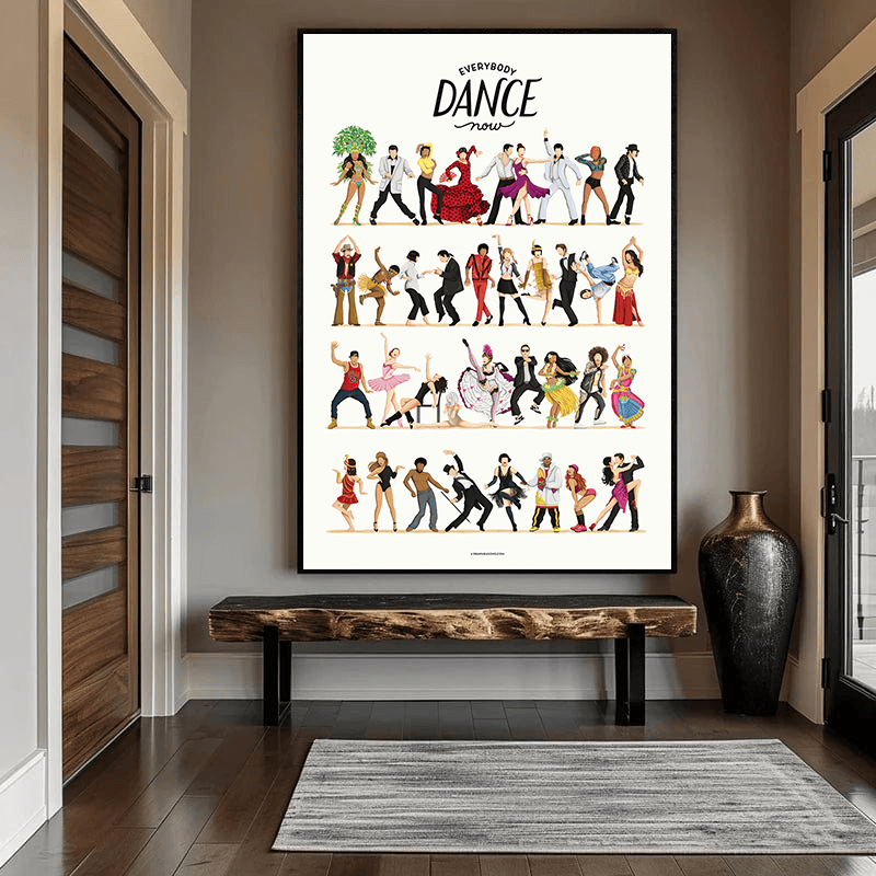 Energetic Dance Party wall art, illustrated figures in varied poses and vibrant outfits arranged in four rows