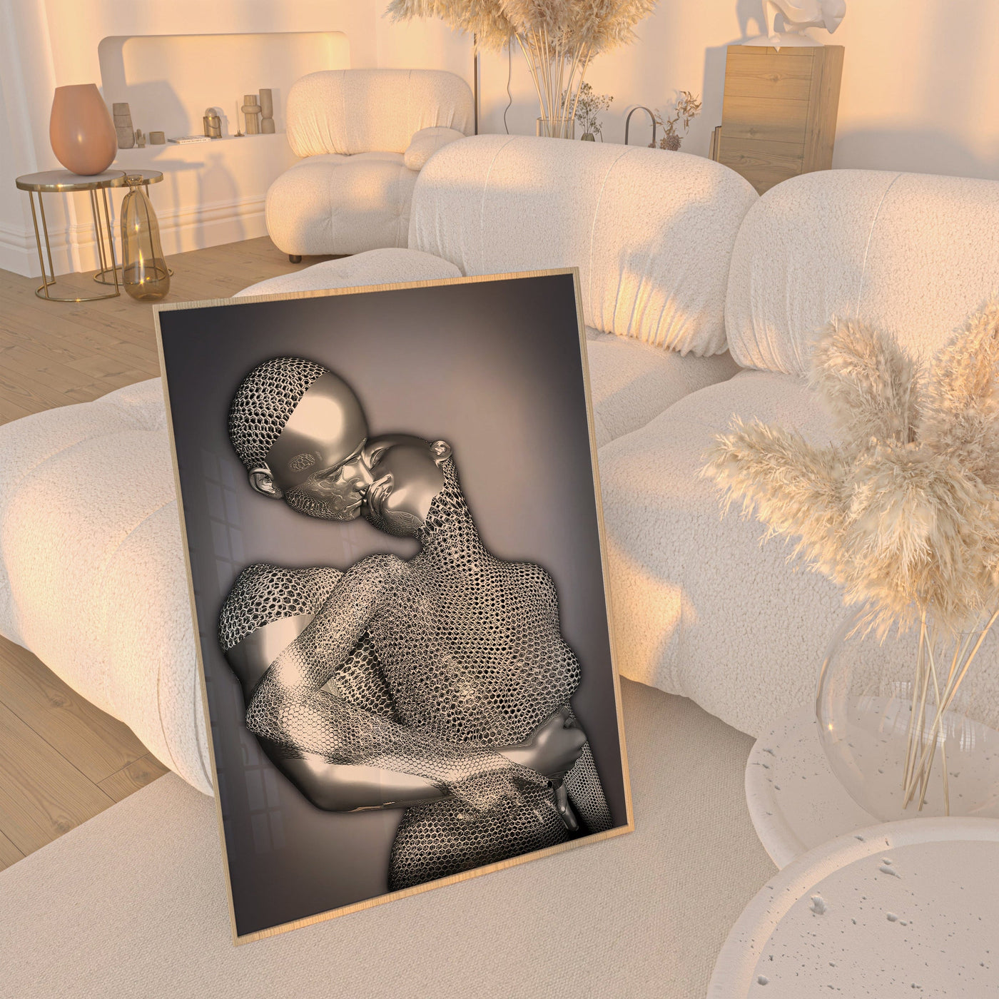 Decorative wall art of a wire mesh sculpture of a woman lying on a white surface.