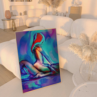 Colorful abstract art print on a white surface with a modern interior setting.