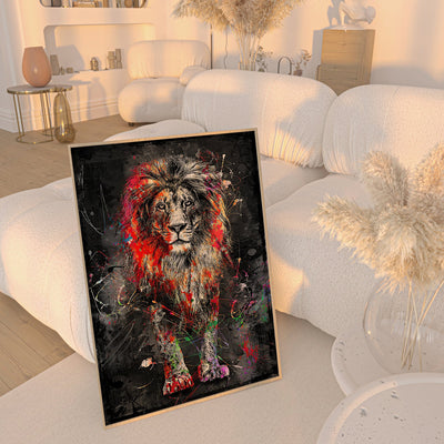 Colorful lion painting on a white sofa