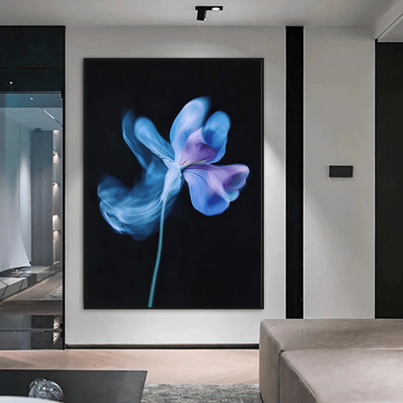 Midnight Blue Bloom wall art, blue flower painting with glowing petals on a dark background