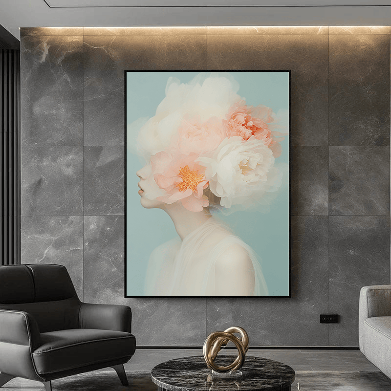 Ethereal floral portrait wall art, side profile of a woman with pastel pink and white peony flowers