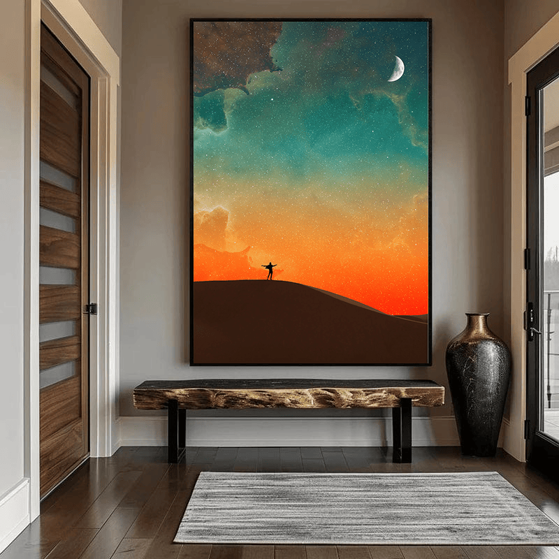 Cosmic landscape painting with a solitary figure under an orange and teal starlit sky, wall art