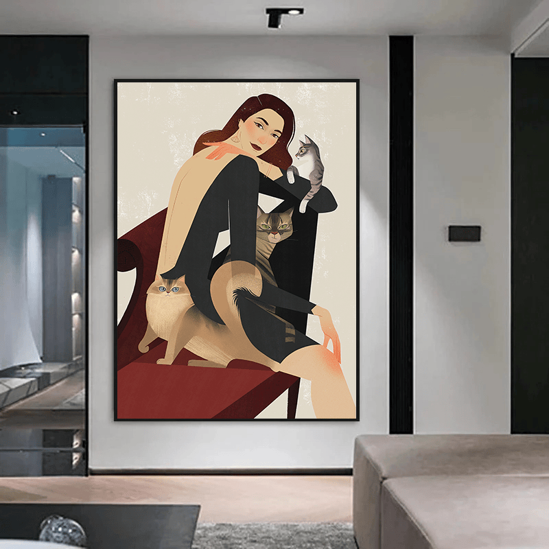 Feline Me woman portrait wall art, stylish illustration of a figure with three cats in black, beige and burgundy