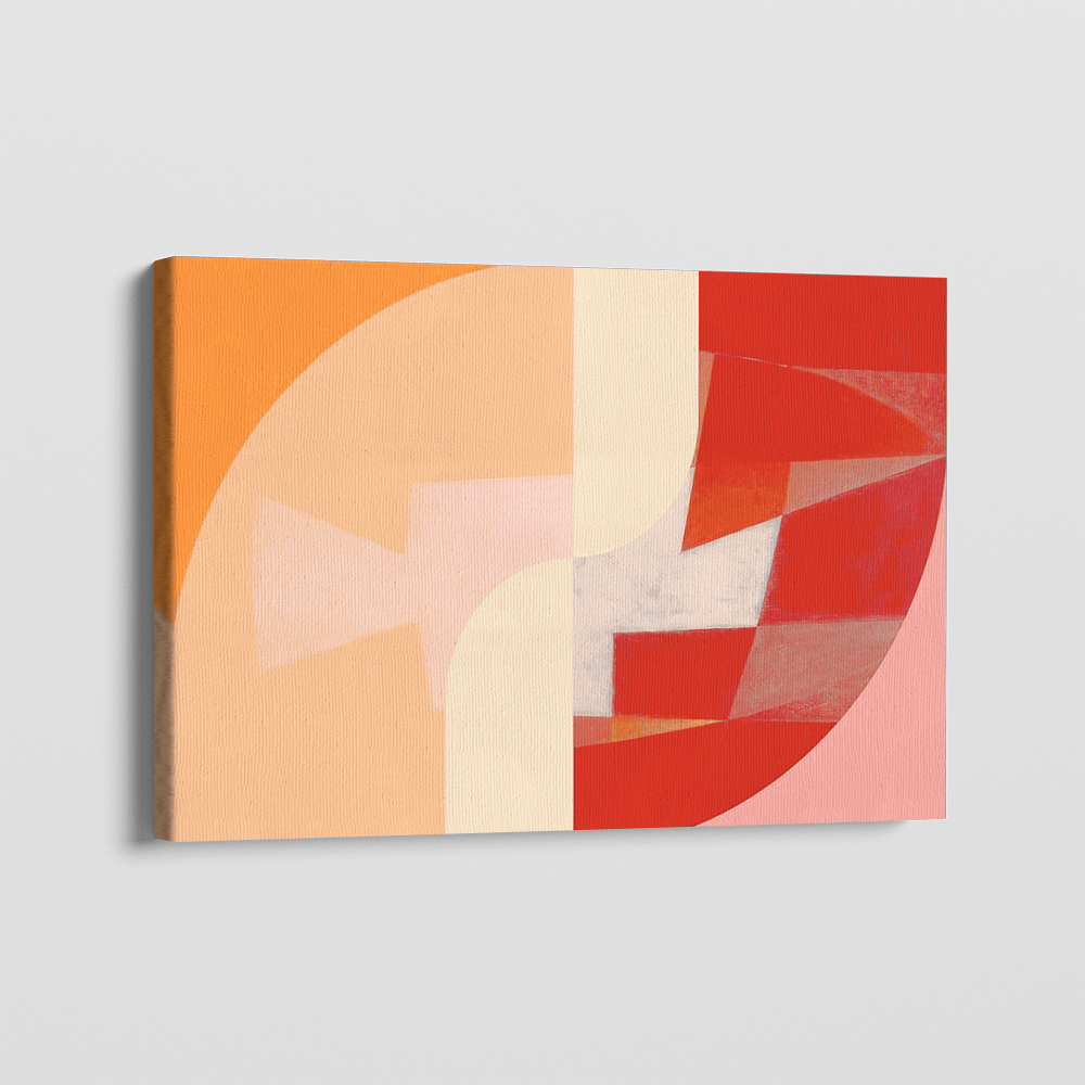 Abstract geometric wall art, red and orange deconstructed shapes on canvas