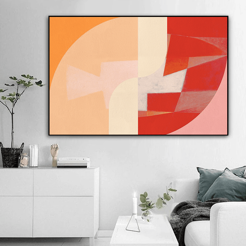 Fish Deconstructed in Red abstract painting wall art, geometric composition with red, coral, peach, and cream tones