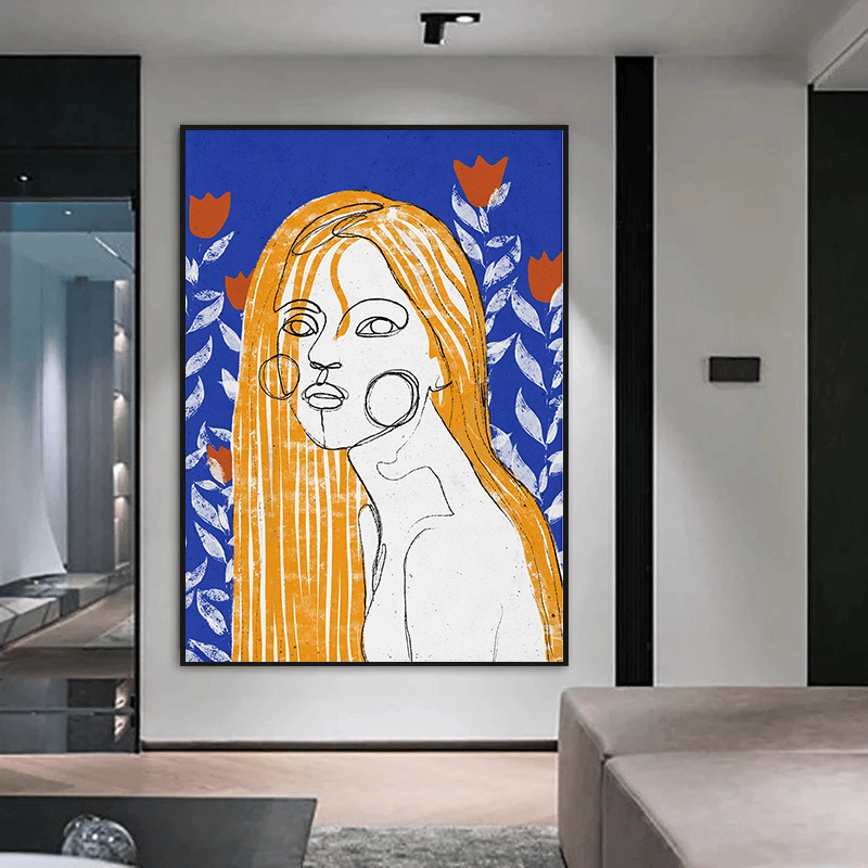 Abstract woman portrait wall art, black linework and orange hair against a blue botanical background