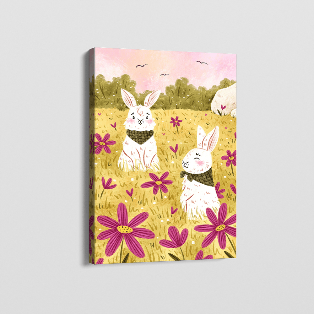Flower Patch Canvas wall art, cute white rabbits with dark knitted collars sitting in a vibrant meadow with magenta flowers