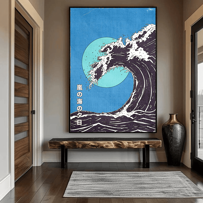 Japanese ocean wave print wall art, towering dark blue wave with white foam and turquoise moon background