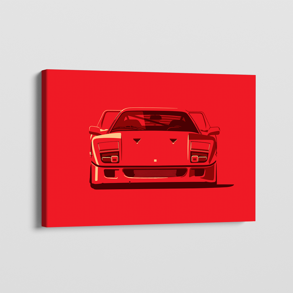 Red sports car painting, minimalist performance car wall art in bold red and black with symmetrical design