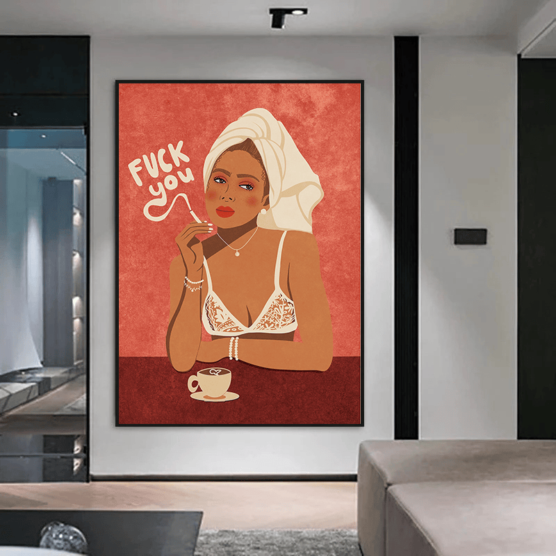 Stylized woman portrait wall art, woman with towel on head holding cigarette against rust red background