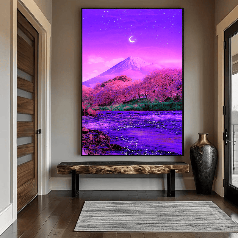 Japanese landscape wall art, Mount Fuji and pink cherry blossoms above a purple river under a starry night sky