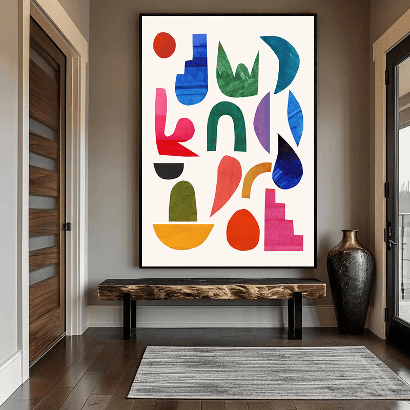 Colorful abstract geometric shapes wall art, vibrant geometric and organic forms on a soft neutral background