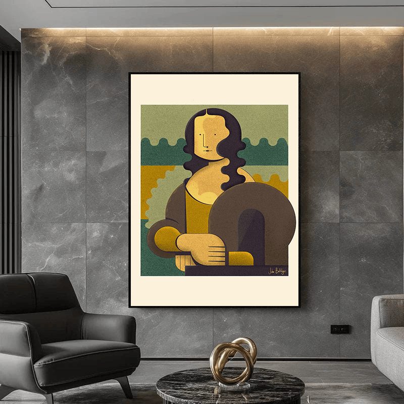 Geometric woman portrait wall art, abstract Mona Lisa illustration with green and gold tones hanging in a living room