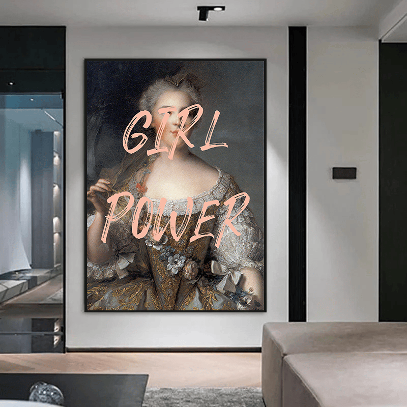 Girl Power Portrait wall art, historical female figure in an embroidered gown with pink graphic typography overlay
