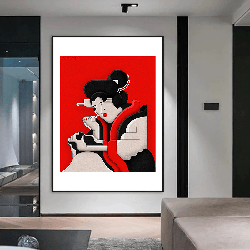 Abstract woman portrait wall art, geometric female figure in black and white with vivid red background