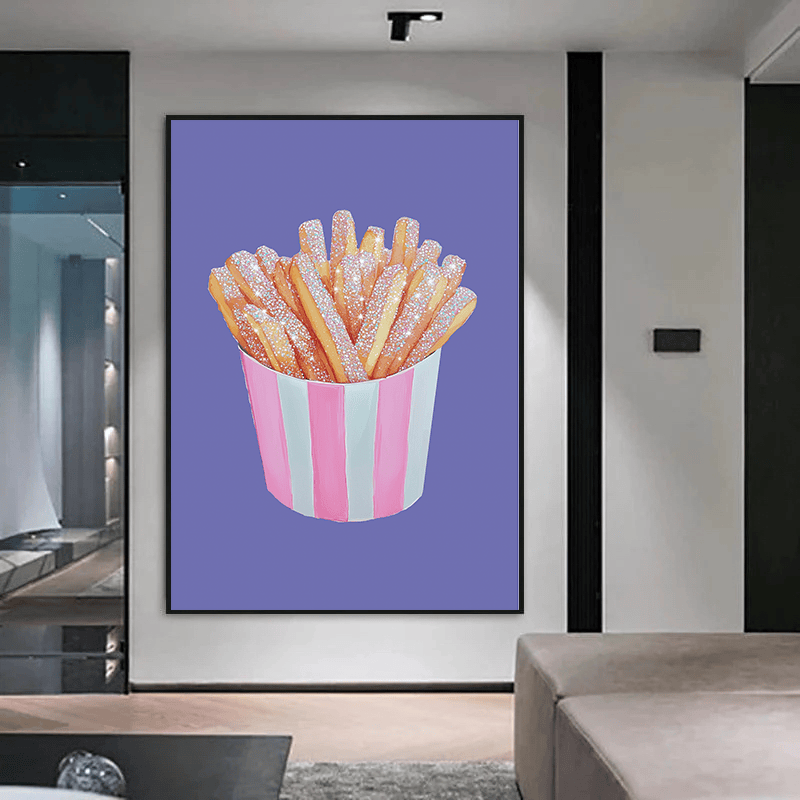 Glittery Pink Fries wall art, golden french fries in a pink and white striped carton on a lavender background