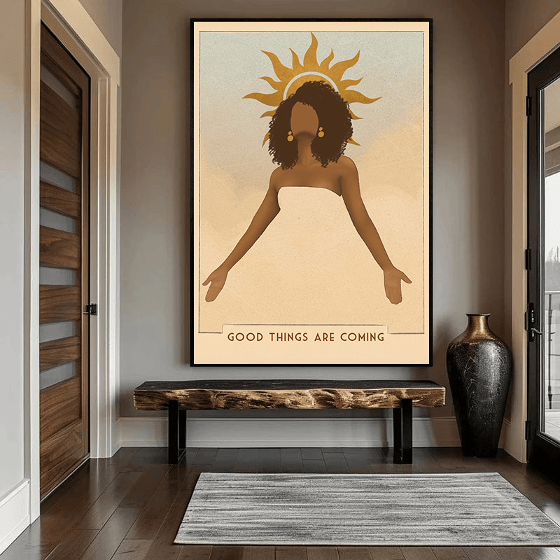 Good Things Are Coming wall art, sunlit woman portrait with a golden sun halo and warm earth tones