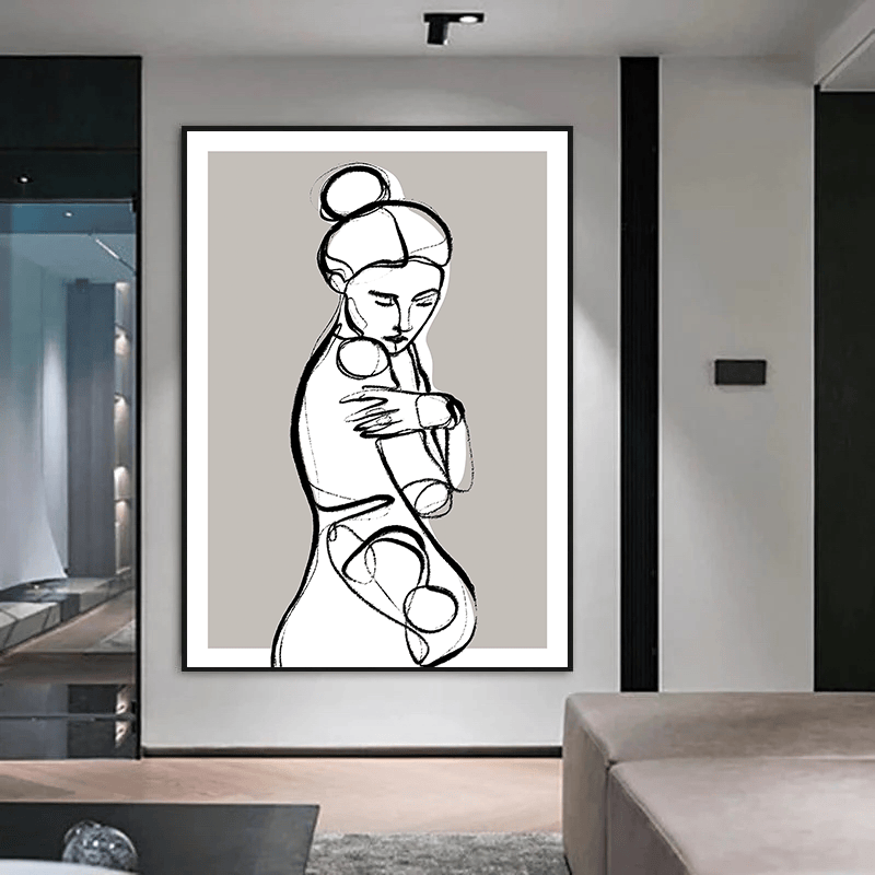 Minimalist woman line art portrait wall art, continuous black linework on a muted grey background