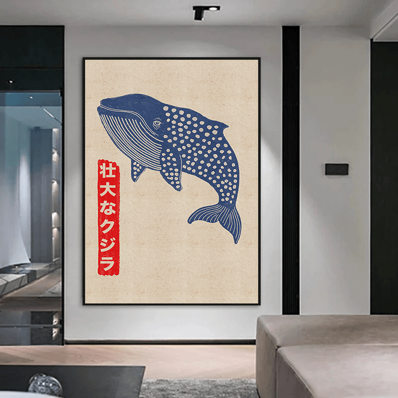 Grand Blue Whale wall art, Japanese graphic style blue whale illustration with red kanji symbols on neutral background