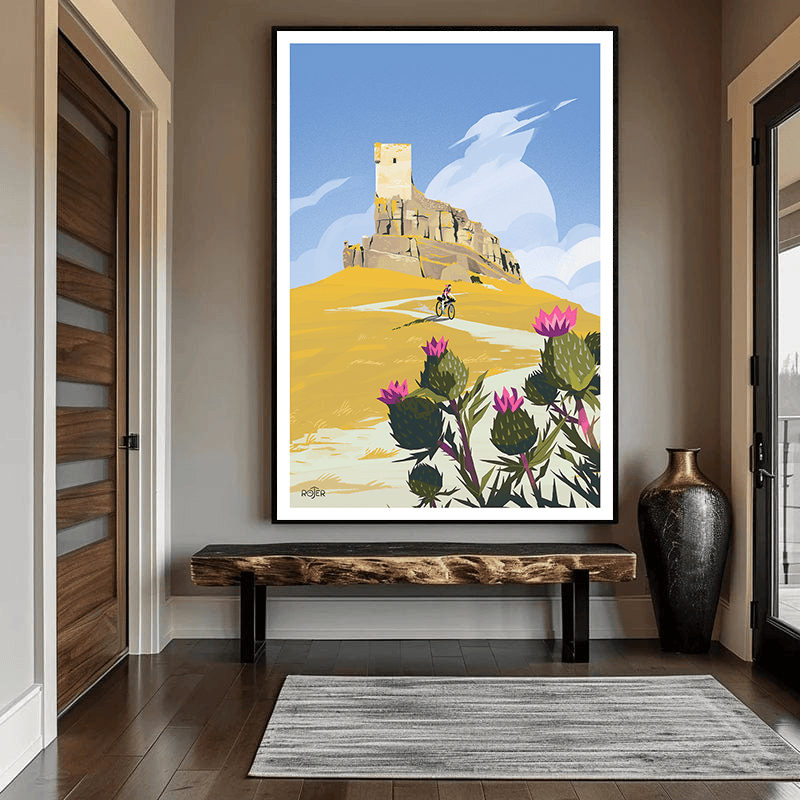 Mediterranean landscape wall art, cyclist on a path toward a stone castle with pink flowers in the foreground