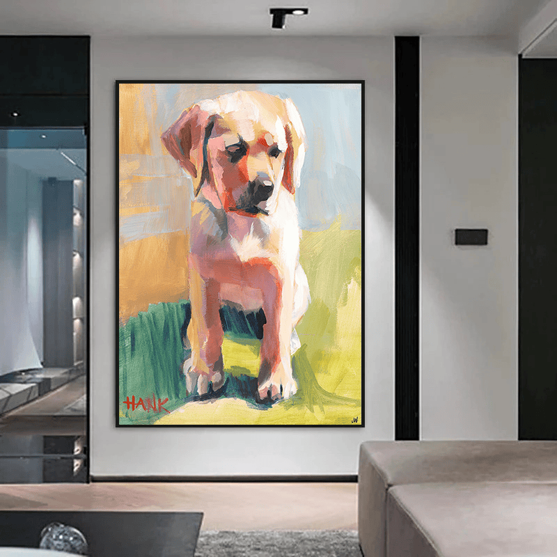 Cute dog portrait wall art, impressionist painting of a puppy in warm gold, green and cream tones in a black frame