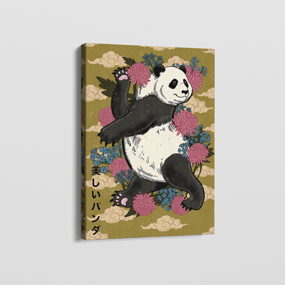 Japanese style panda wall art, dancing panda with pink flowers and olive background on stretched canvas