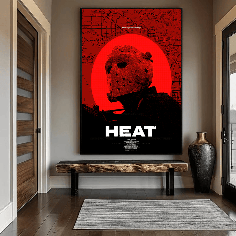 Heat Film wall art, graphic cinematic poster featuring a dark helmeted figure and a vivid red circular field