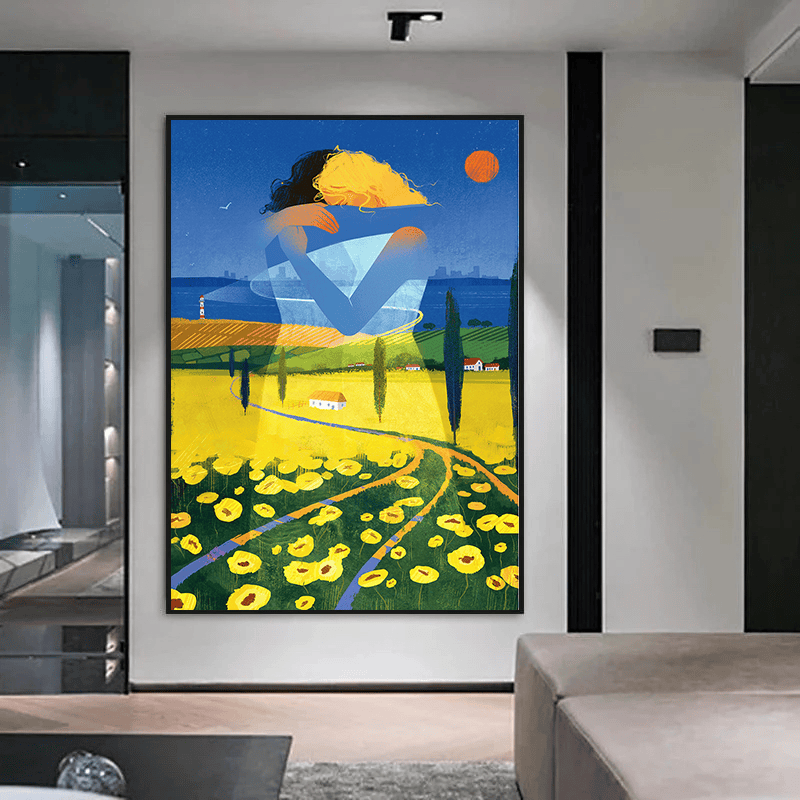 Surreal landscape painting wall art, embracing figures floating above a golden sunflower field and blue country sky