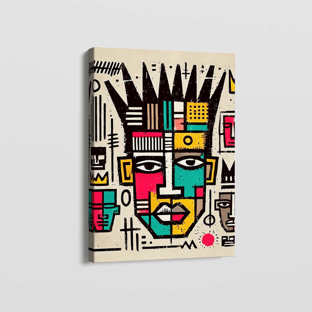 Abstract portrait wall art, bold graphic face with crown and geometric symbols in turquoise, coral, and black