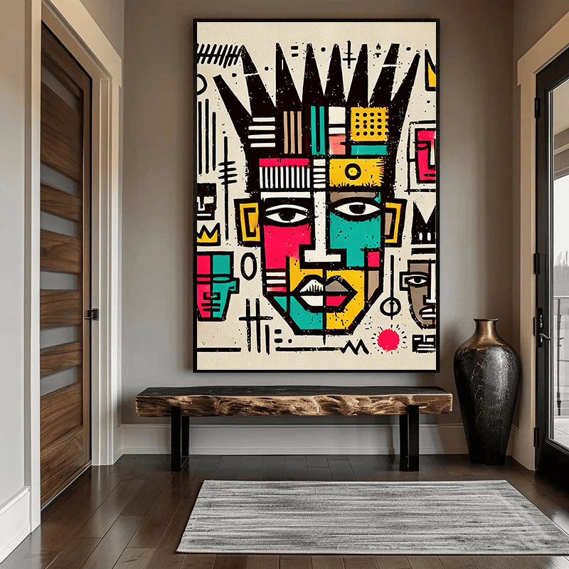 Abstract crowned figure wall art, colorful geometric portrait with graphic symbols on cream background