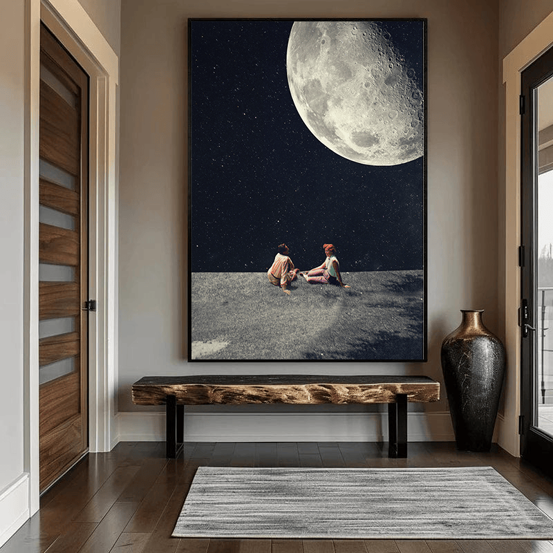 I Gave You The Moon For A Smile wall art, surreal lunar landscape print with two figures beneath an oversized glowing moon