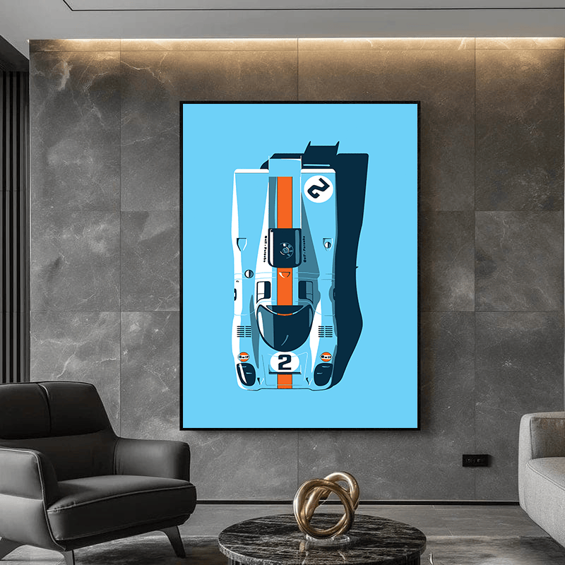 Blue race car top view wall art, technical illustration of a pale blue racing car with an orange stripe on a sky blue field