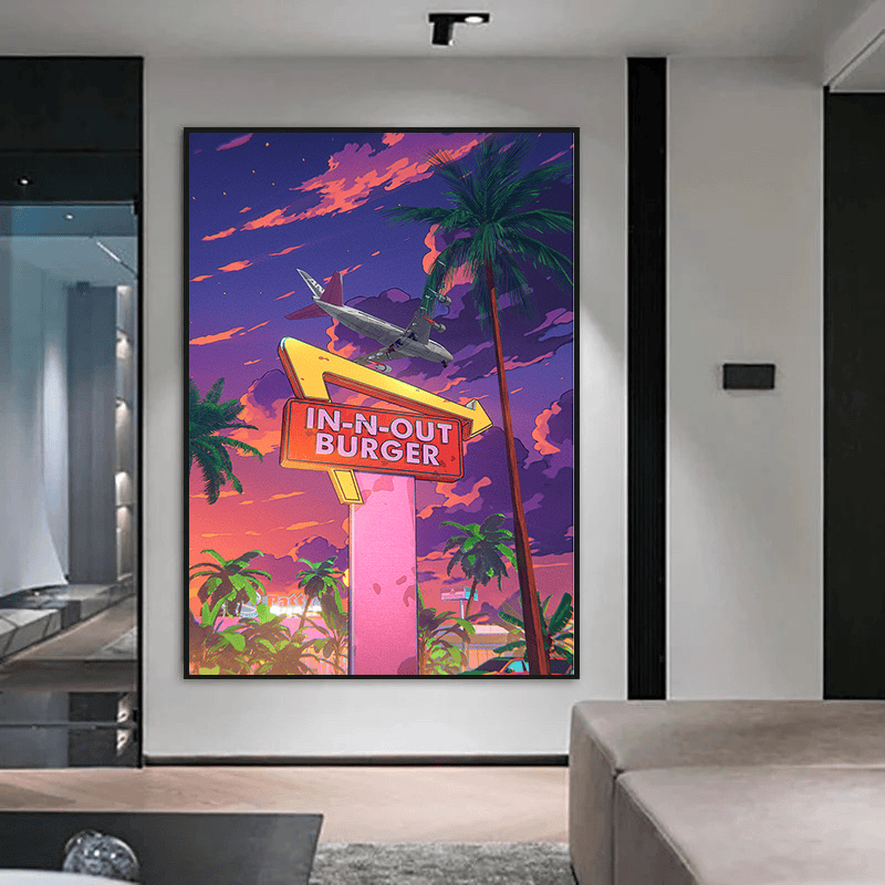 Californian landscape wall art, retro fast food sign and airplane under a violet and orange sunset sky with palm trees