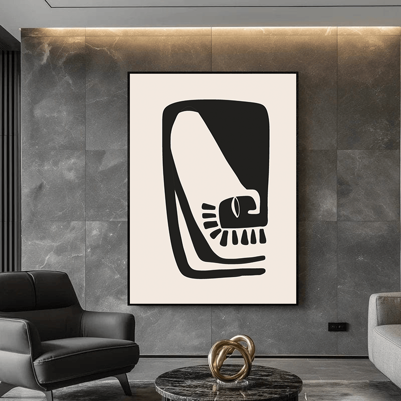Abstract minimalist portrait wall art, bold black contour face on ivory background hanging on a gray stone wall