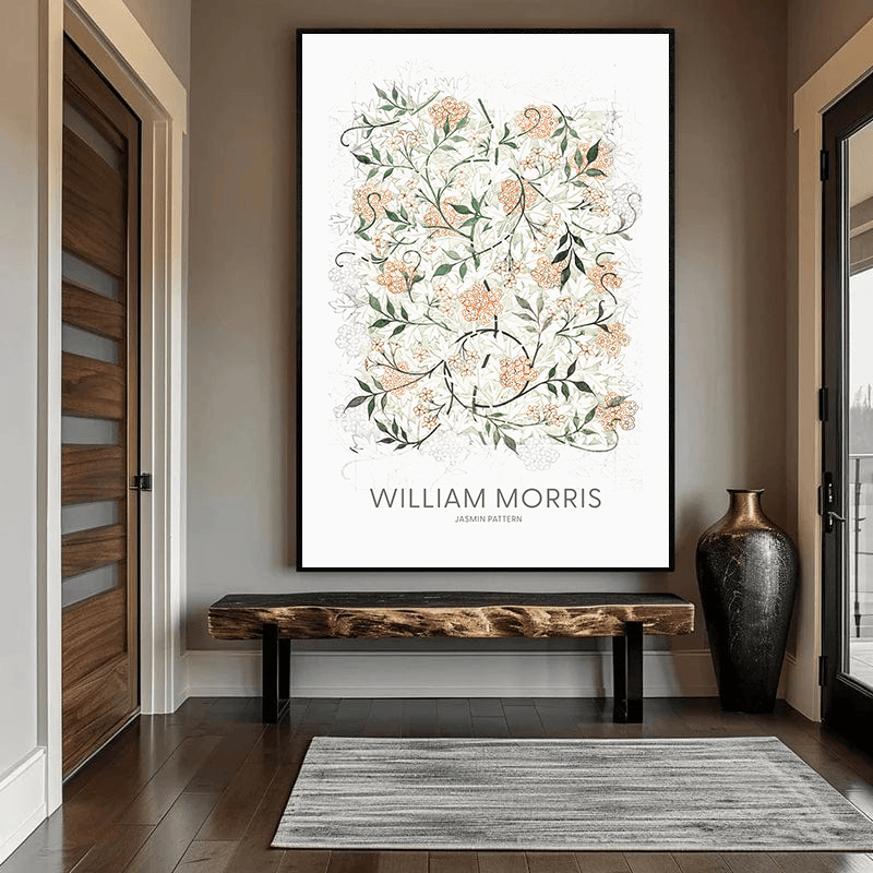 Botanical floral wall art print, William Morris Jasmine pattern with green leaves and peach blossoms hanging in an entryway