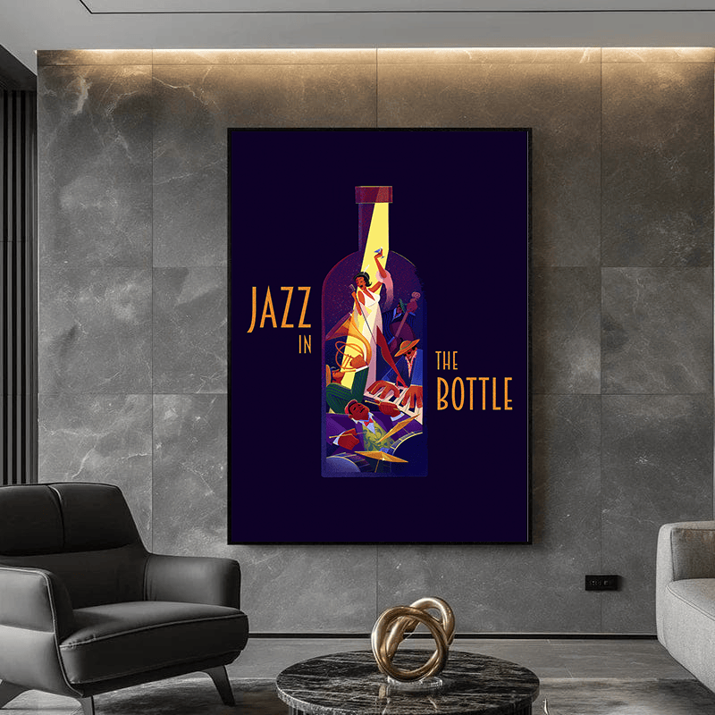 Jazz in the bottle music wall art, vibrant musicians inside a glass bottle silhouette against a navy background
