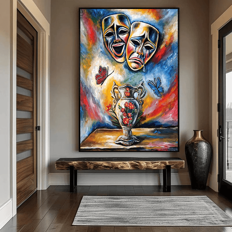 Joy and Sorrow painting wall art, expressive masks and floral vase with butterflies in vibrant colors