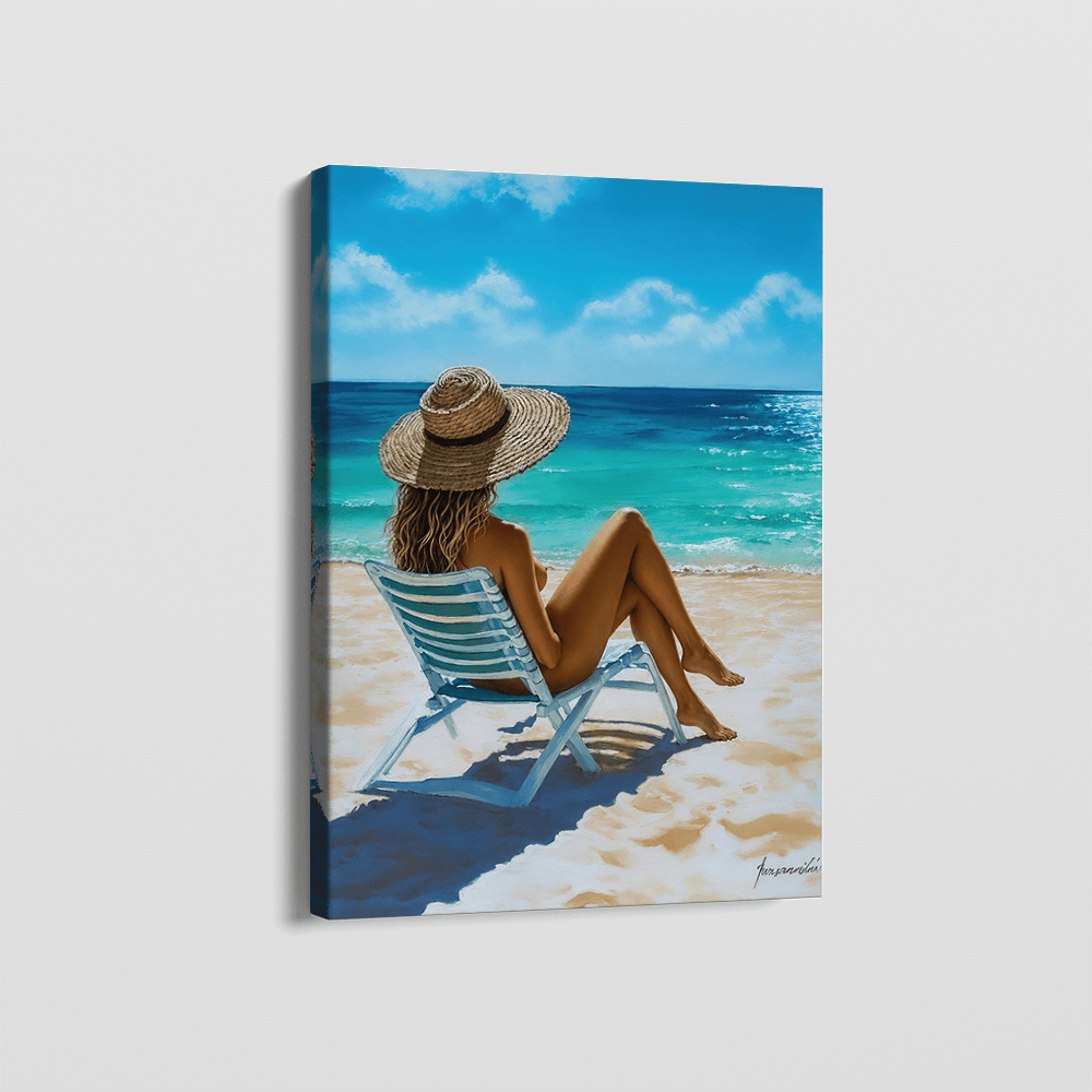 Woman on beach in sunhat wall art, ocean landscape painting with blue sea and sand