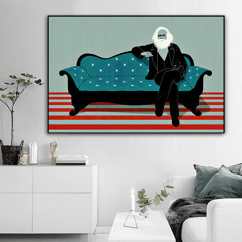 Marx in the USA wall art, Karl Marx sitting on an American flag sofa in a modern illustrative painting style