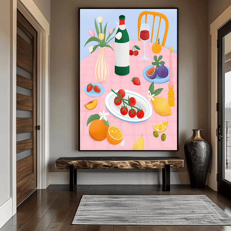 Mediterranean table still life wall art, vibrant illustration of fruit and wine on a pink checkered surface