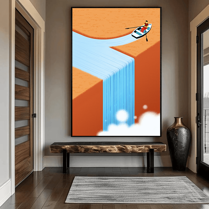 Surreal landscape wall art, rower in a boat on a river falling into a blue waterfall with terracotta banks