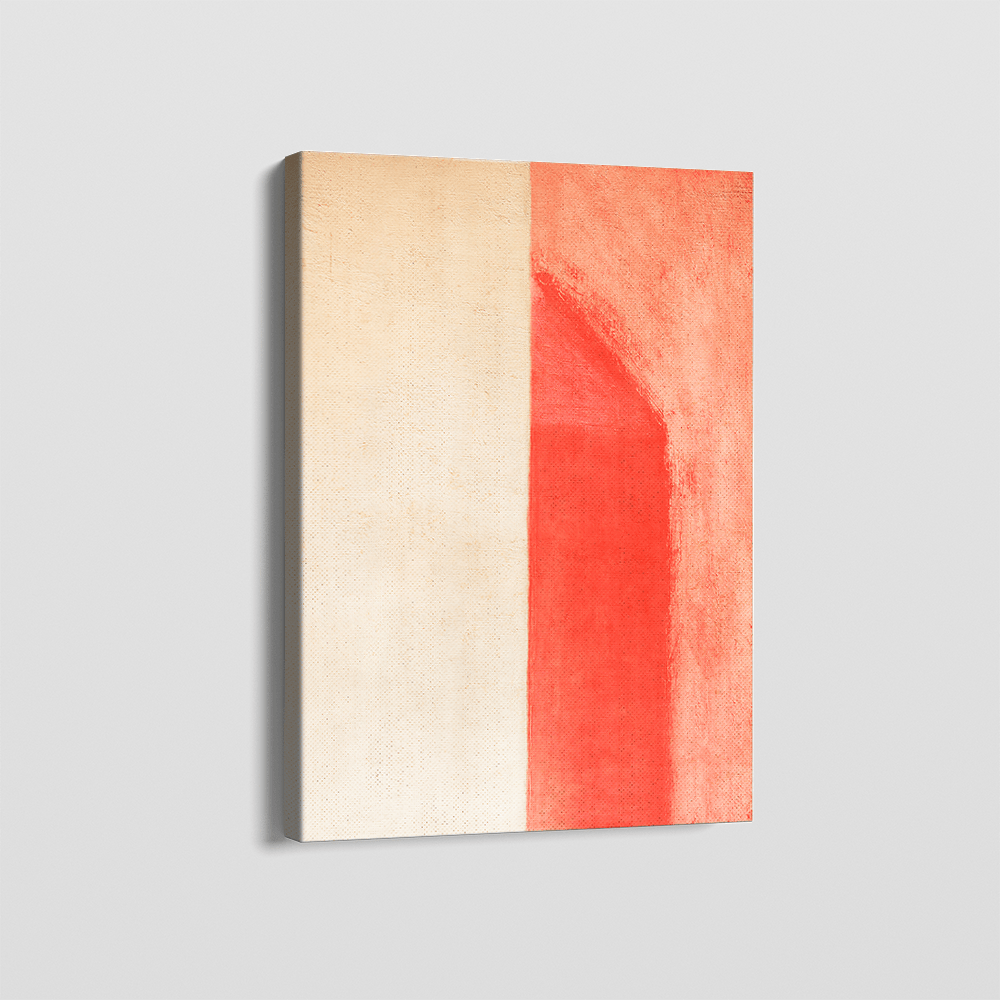 Minimalist abstract color field wall art, soft ivory and coral red vertical composition on canvas