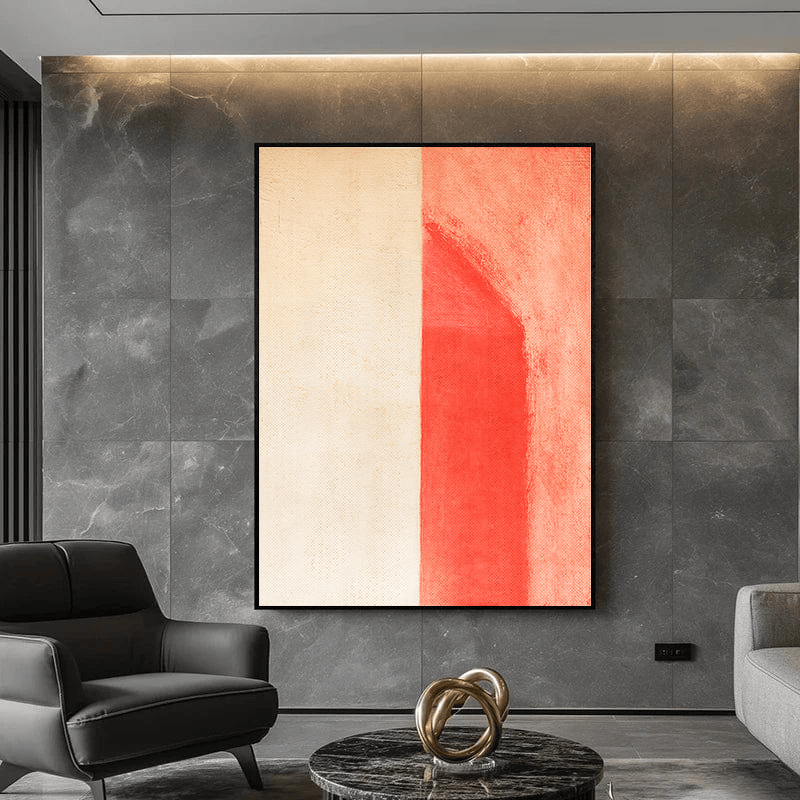 Abstract coral and ivory landscape wall art, vertical split in a black frame
