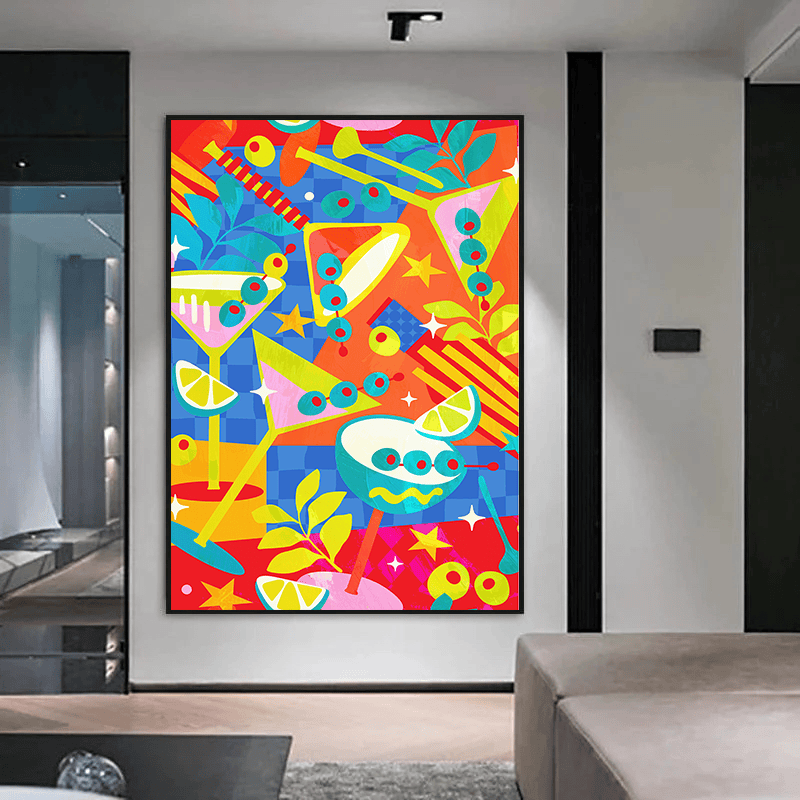 Martinis and Olives wall art, vibrant graphic still life with martini glasses and olives on a colorful patterned background