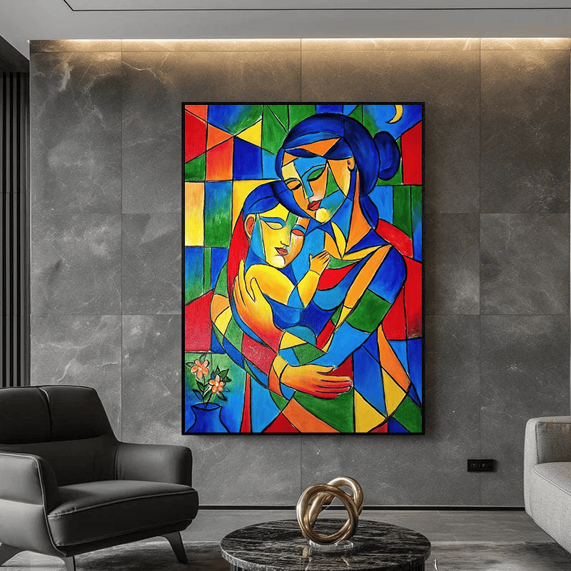 Cubist mother and child wall art, vibrant geometric painting with blue, red, and yellow planes