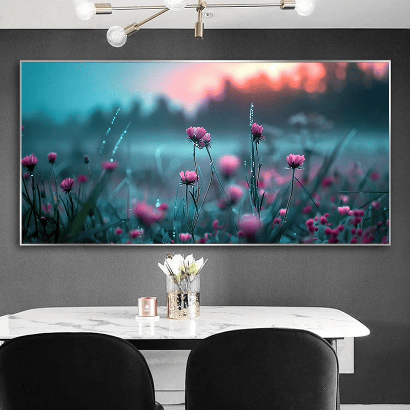Meadow dawn haze wall art, misty landscape painting with pink wildflowers and teal morning light