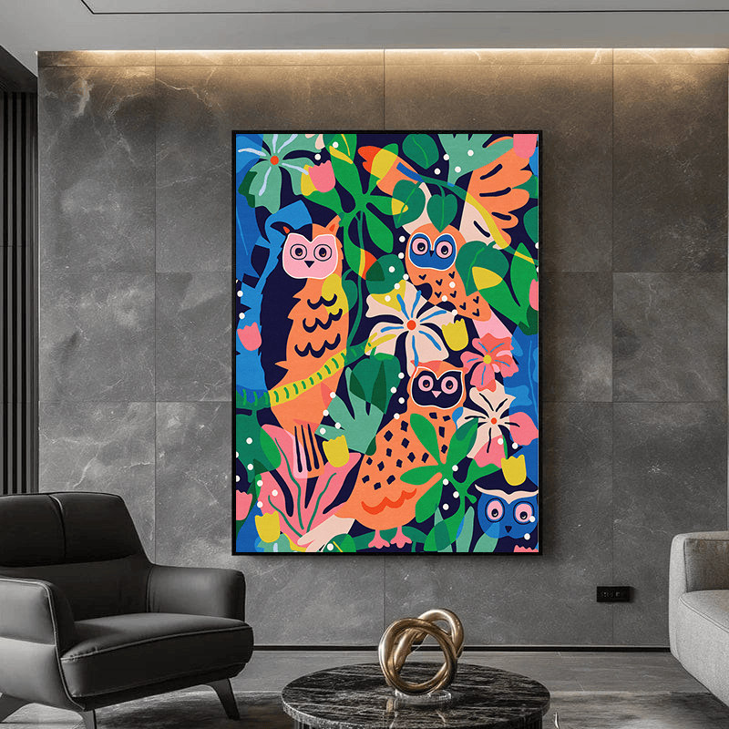 Midnight Owls wall art, colorful abstract botanical print with stylized owls and layered tropical leaves in vibrant tones