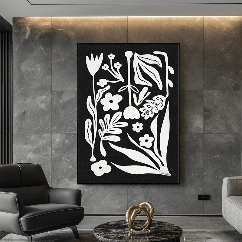 Black and white botanical print wall art, bold white floral silhouettes and organic shapes on a dark background